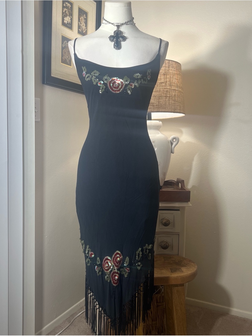 Vintage Betsey Johnson Black Midi Sequin Fringe Slip Dress